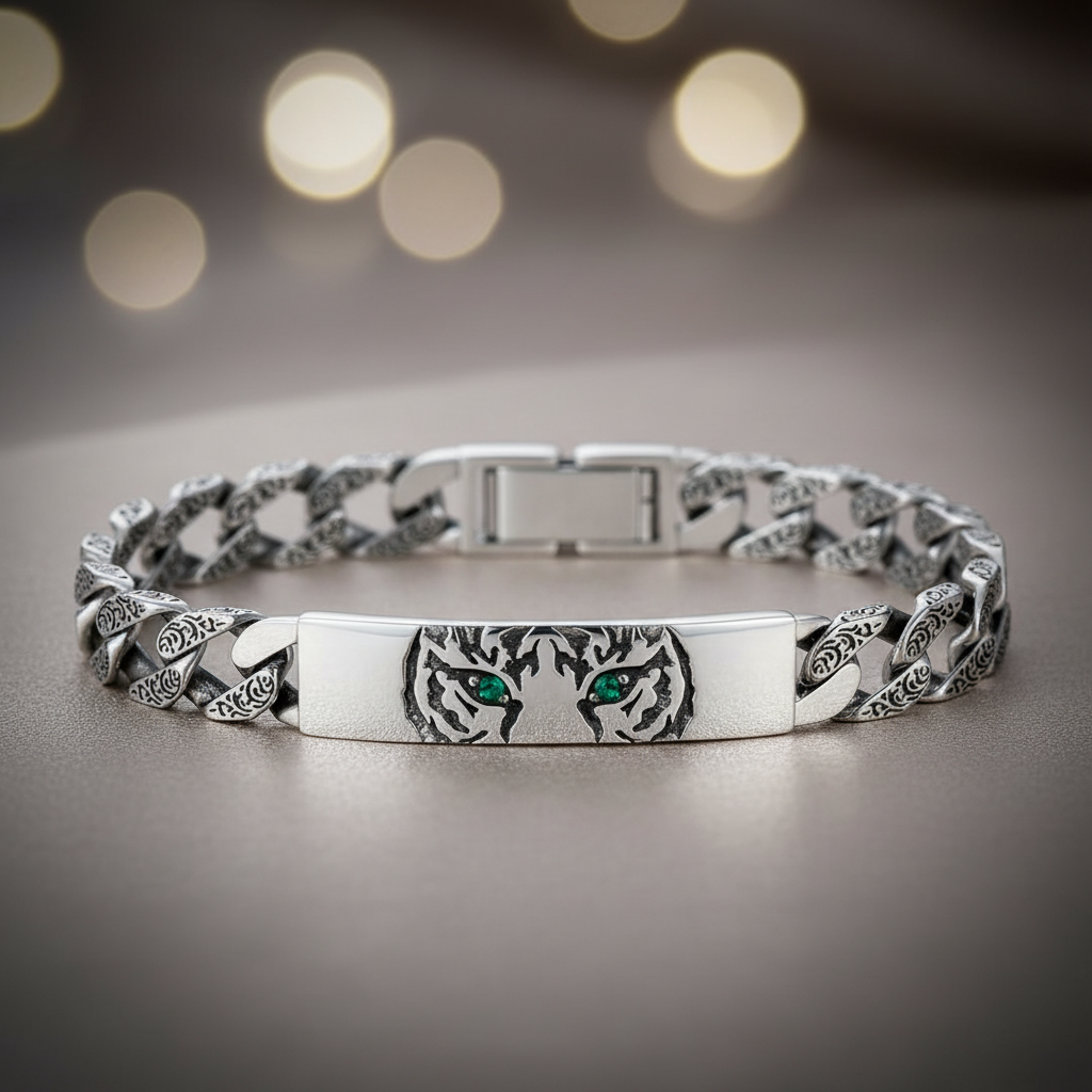 Pulseira masculina Tigre banhado a prata