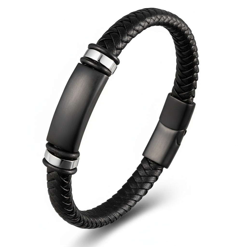 Urban Steel – Pulseira Preta com Couro Trançado e Fecho Magnético