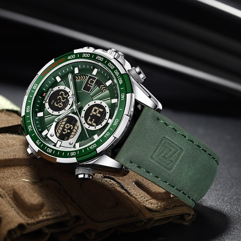 Relógio Masculino NAVIFORCE — Esportivo Analógico Digital (Dual Time) com Pulseira de Couro Verde