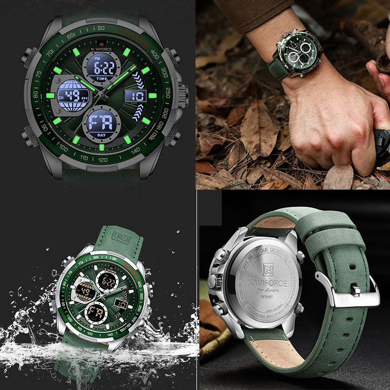 Relógio Masculino NAVIFORCE — Esportivo Analógico Digital (Dual Time) com Pulseira de Couro Verde