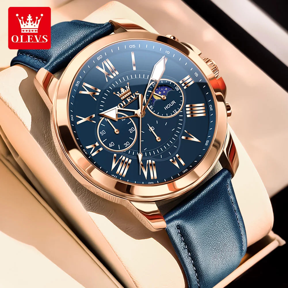 Relógio Masculino OLEVS Luxo Clássico Cronógrafo Fase da Lua Couro Marrom Ouro Rosa Social Elegante