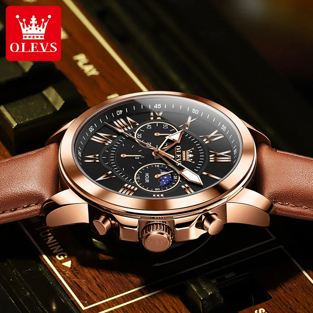 Relógio Masculino OLEVS Luxo Clássico Cronógrafo Fase da Lua Couro Marrom Ouro Rosa Social Elegante