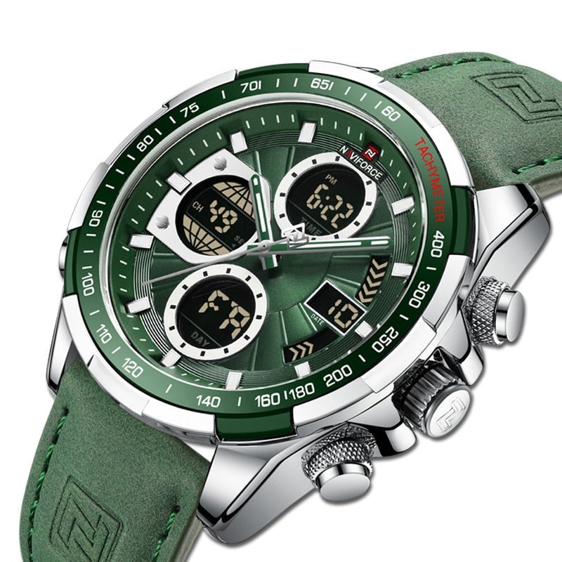 Relógio Masculino NAVIFORCE — Esportivo Analógico Digital (Dual Time) com Pulseira de Couro Verde