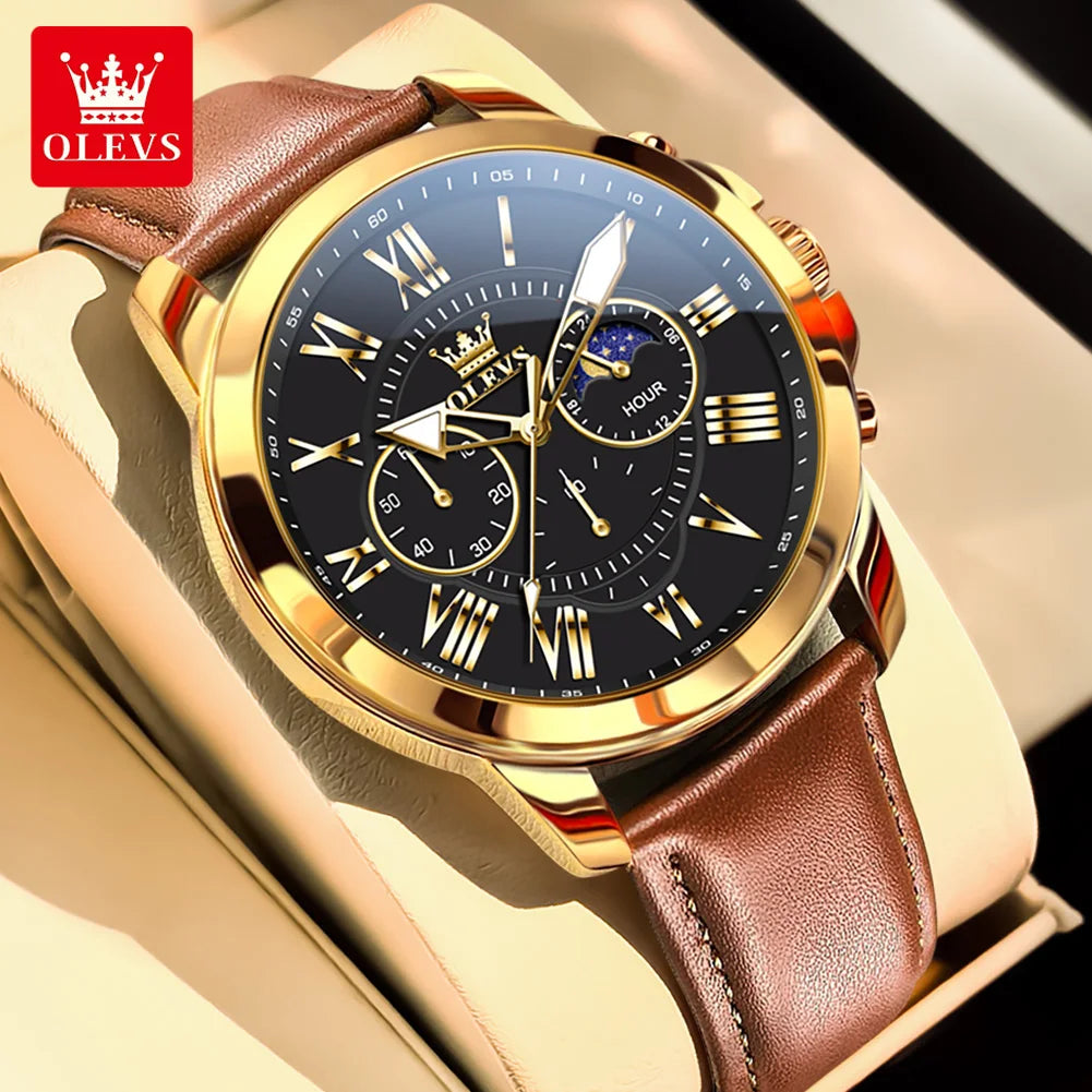 Relógio Masculino OLEVS Luxo Clássico Cronógrafo Fase da Lua Couro Marrom Ouro Rosa Social Elegante