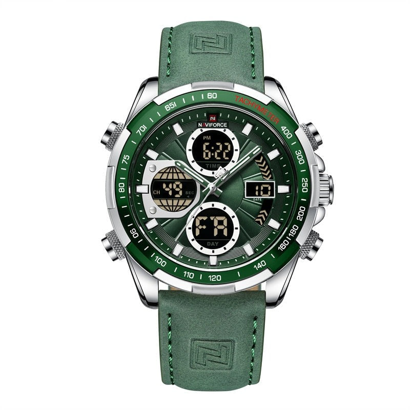 Relógio Masculino NAVIFORCE — Esportivo Analógico Digital (Dual Time) com Pulseira de Couro Verde