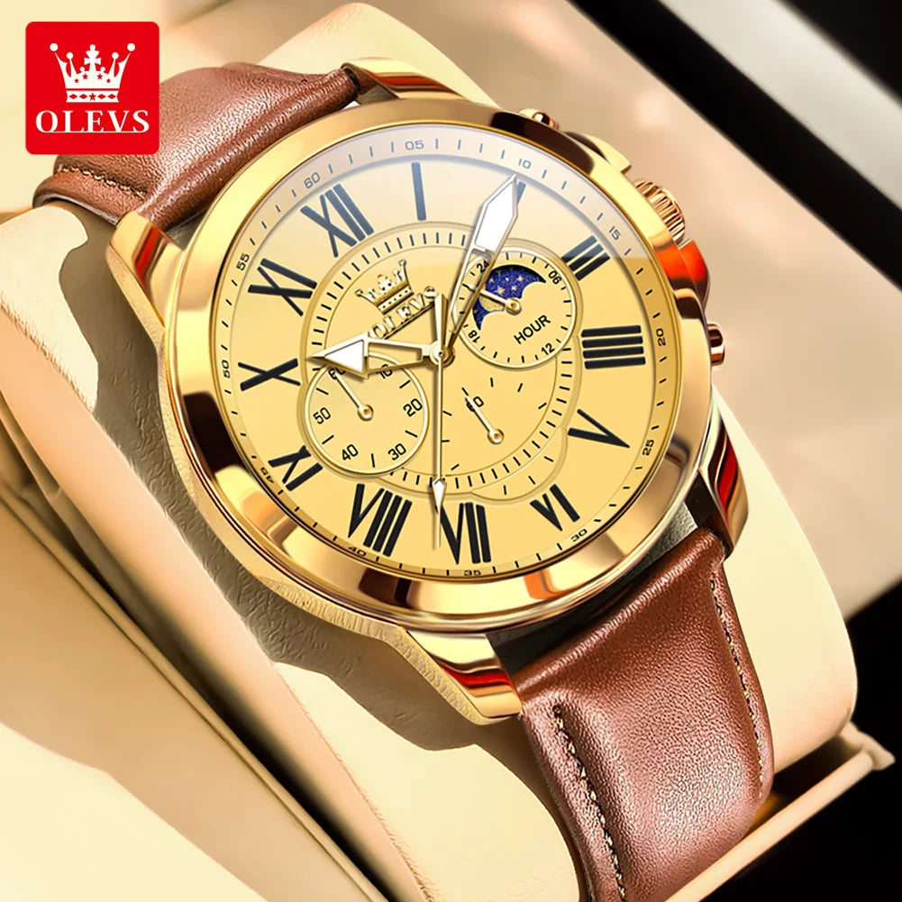 Relógio Masculino OLEVS Luxo Clássico Cronógrafo Fase da Lua Couro Marrom Ouro Rosa Social Elegante