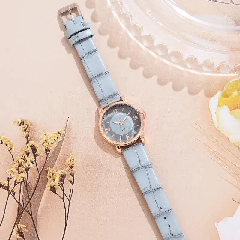 Relógio Feminino Rose Gold com Pulseira Azul Couro - Quartz Premium | Elegância Sofisticada
