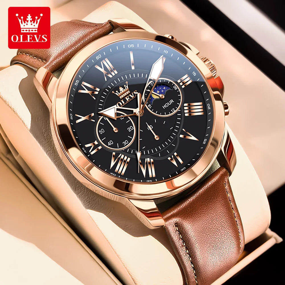 Relógio Masculino OLEVS Luxo Clássico Cronógrafo Fase da Lua Couro Marrom Ouro Rosa Social Elegante