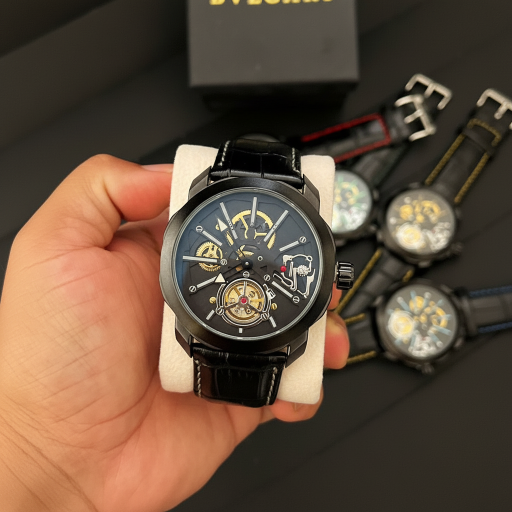 Bvlgari Fundo de Vidro Esqueletizado - Relógio Luxo com Pulseira de Couro| Resistente a Água