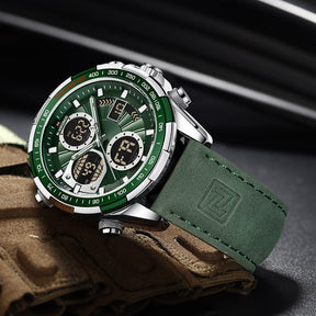 Relógio Masculino NAVIFORCE — Esportivo Analógico Digital (Dual Time) com Pulseira de Couro Verde