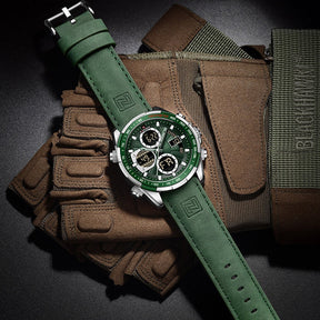 Relógio Masculino NAVIFORCE — Esportivo Analógico Digital (Dual Time) com Pulseira de Couro Verde