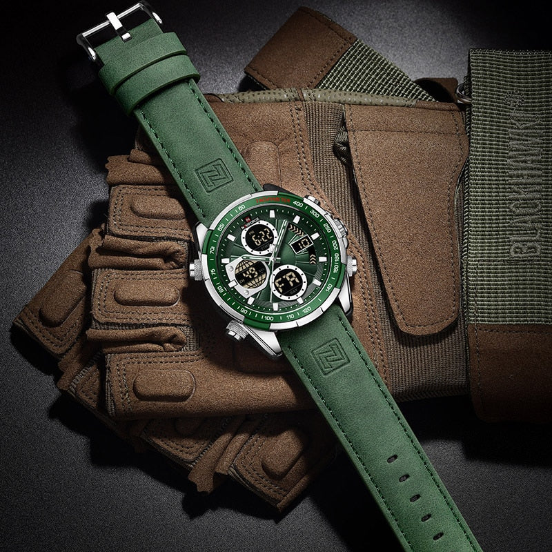 Relógio Masculino NAVIFORCE — Esportivo Analógico Digital (Dual Time) com Pulseira de Couro Verde