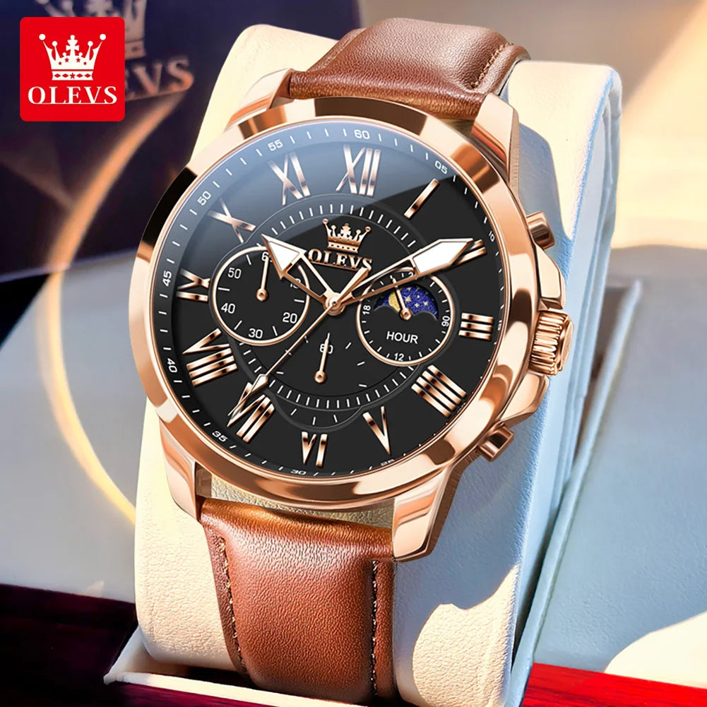 Relógio Masculino OLEVS Luxo Clássico Cronógrafo Fase da Lua Couro Marrom Ouro Rosa Social Elegante