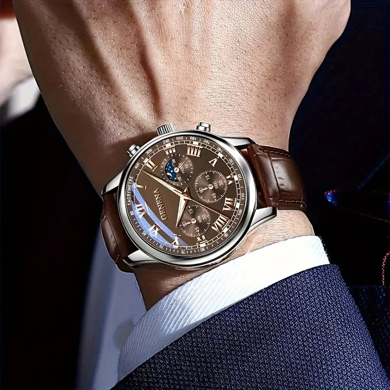 Relógio Masculino Cronógrafo Clássico - Pulseira Couro Marrom Premium