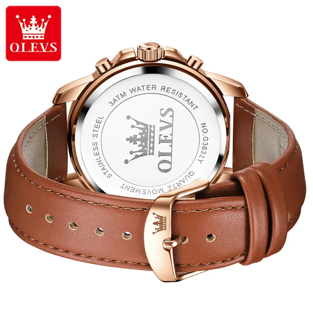 Relógio Masculino OLEVS Luxo Clássico Cronógrafo Fase da Lua Couro Marrom Ouro Rosa Social Elegante