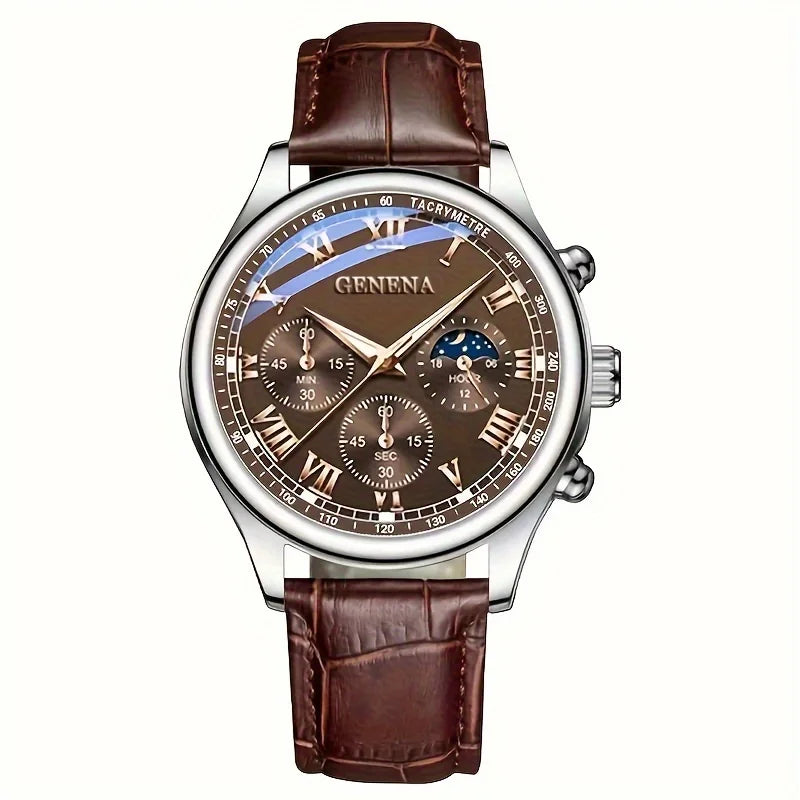 Relógio Masculino Cronógrafo Clássico - Pulseira Couro Marrom Premium