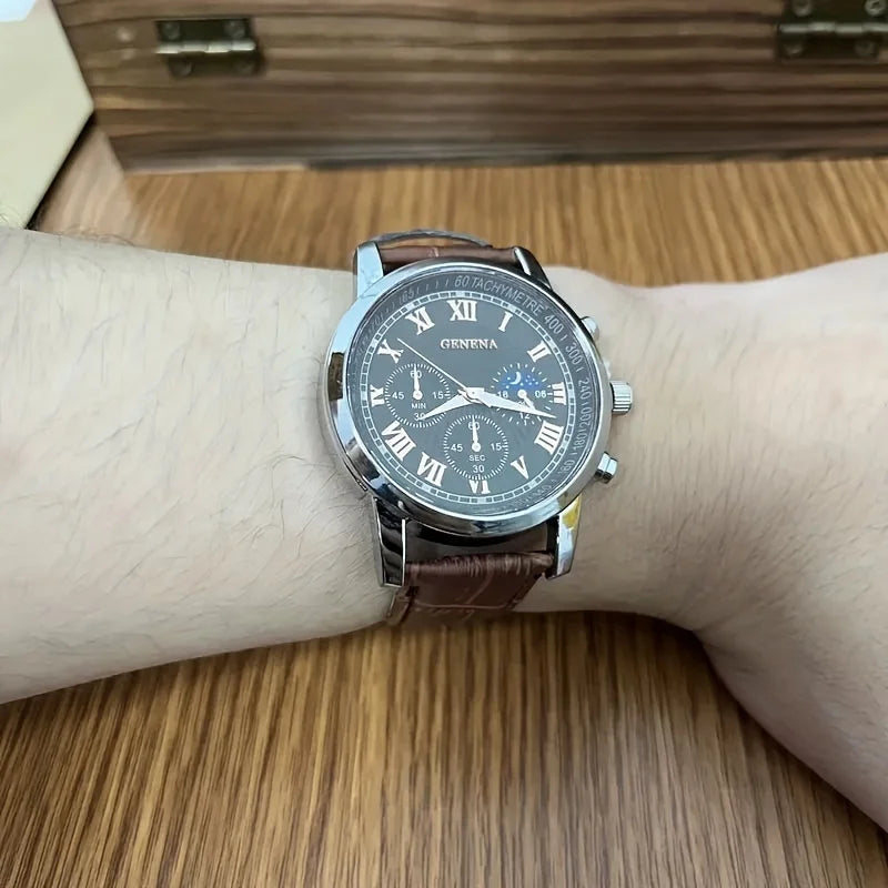 Relógio Masculino Cronógrafo Clássico - Pulseira Couro Marrom Premium