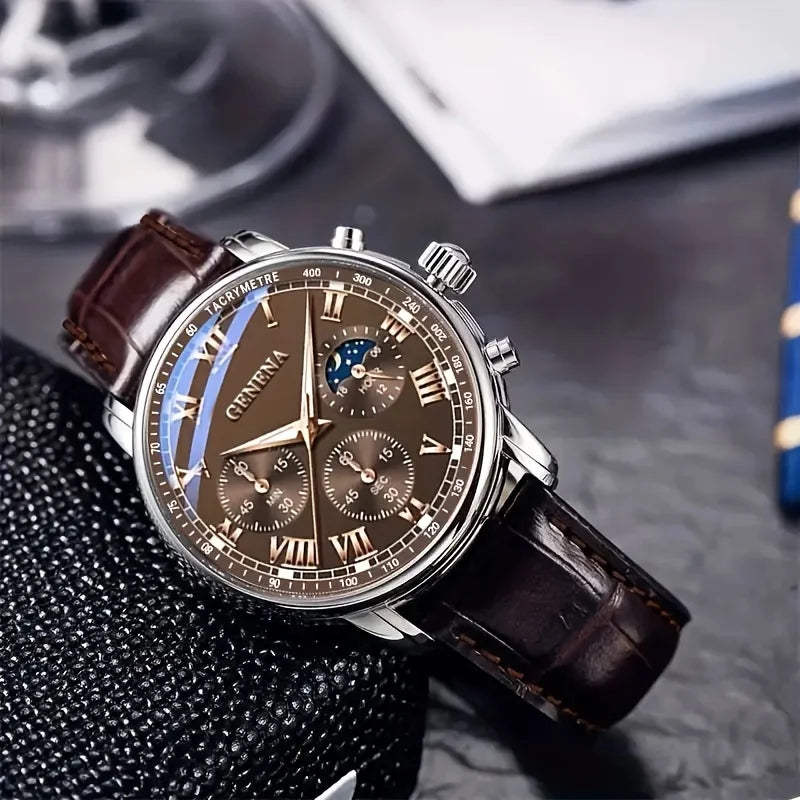 Relógio Masculino Cronógrafo Clássico - Pulseira Couro Marrom Premium