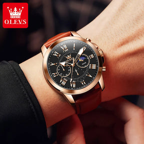 Relógio Masculino OLEVS Luxo Clássico Cronógrafo Fase da Lua Couro Marrom Ouro Rosa Social Elegante