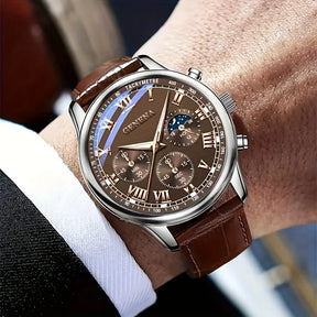 Relógio Masculino Cronógrafo Clássico - Pulseira Couro Marrom Premium