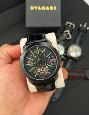 Bvlgari Fundo de Vidro Esqueletizado - Relógio Luxo com Pulseira de Couro| Resistente a Água