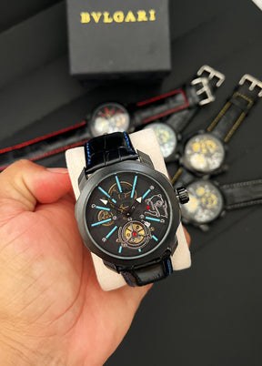 Bvlgari Fundo de Vidro Esqueletizado - Relógio Luxo com Pulseira de Couro| Resistente a Água